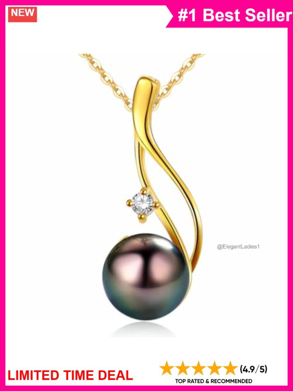 Tahitian Black Pearl Pendant Necklace 925 Sterling Silver 18k Gold Plated